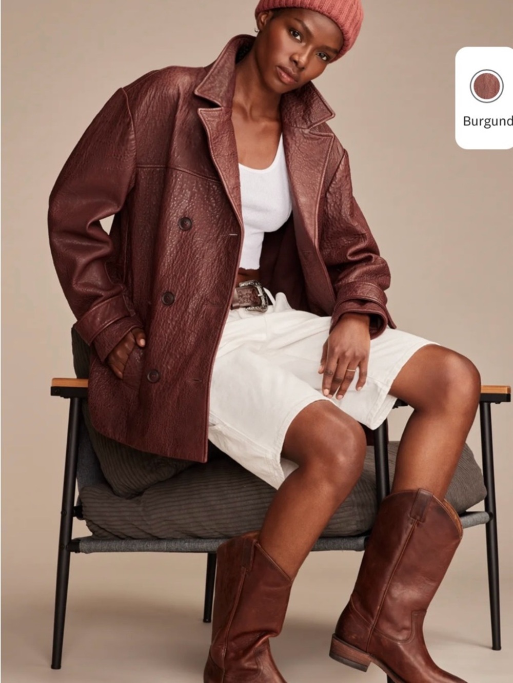 Lucky Brand Burgundy Double-Breasted Leather Peacoat - Picture 2 of 12